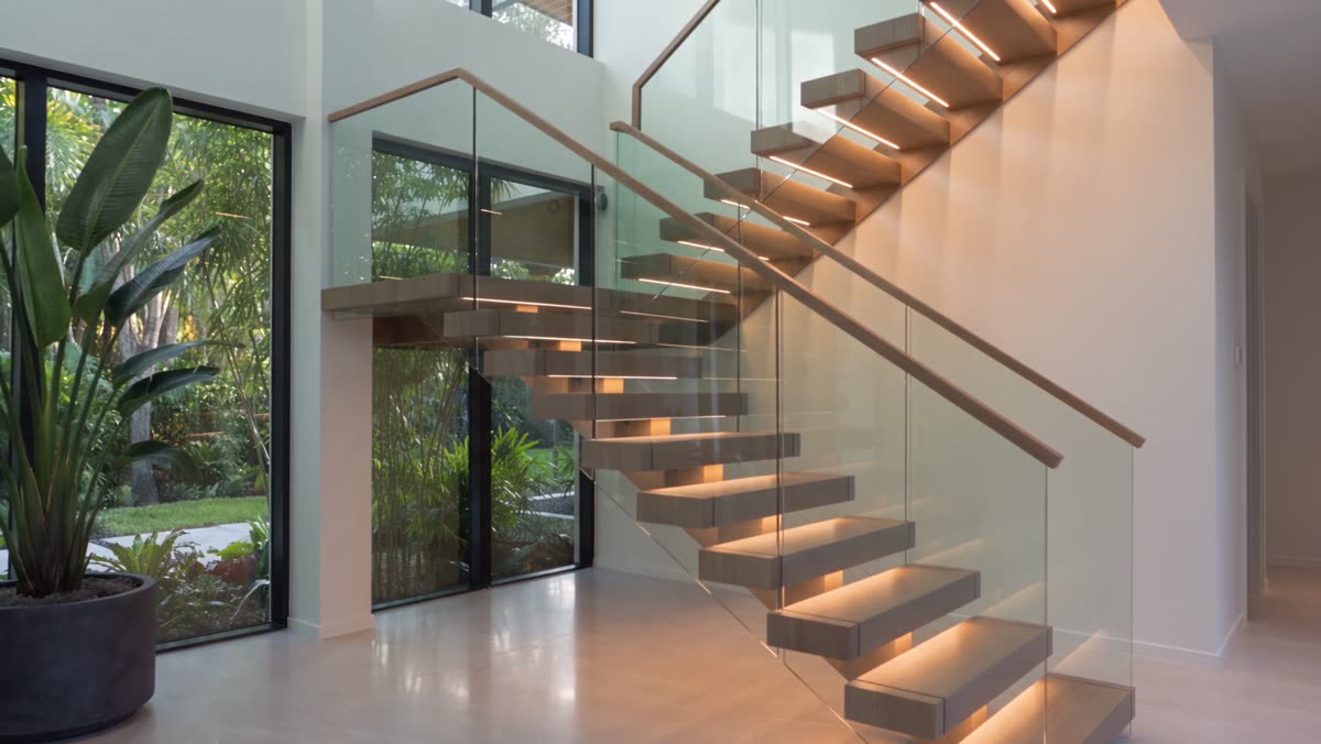 Floating wood stair with integrated lighting